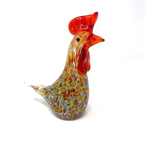 Hand Blown Glass Rooster Chicken Paperweight Decor Speckled